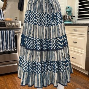 Boho Western Tiered Maxi Skirt Blu Nomad 100% Cotton Blue and Ivory Patterned S